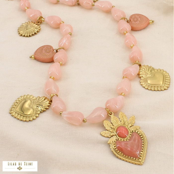 Sautoir cœur ex-voto résine marbrée acier inoxydable 0126049 rose