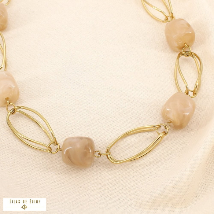 Collier cubes résine marbrée anneaux acier inox. 0126068 cognac