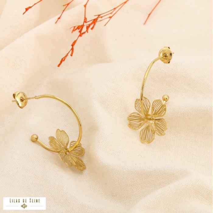 Créoles fleurs amovibles résine marbrée acier inox. 0326045 naturel/beige