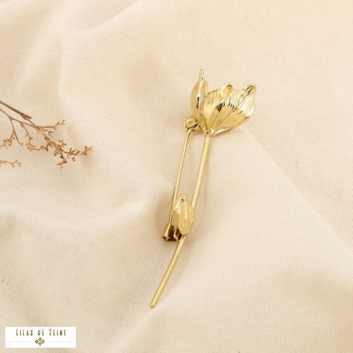 Broche épingle fleur stylisée acier inoxydable 0526004 doré