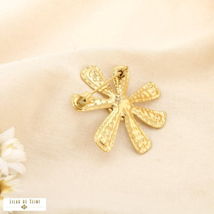 Broche à épingle fleur martelée acier inox. nacre 0526005 blanc