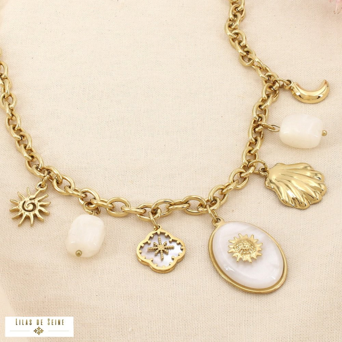 Collier acier breloque soleil coquillage trèfle lune 0126095 blanc
