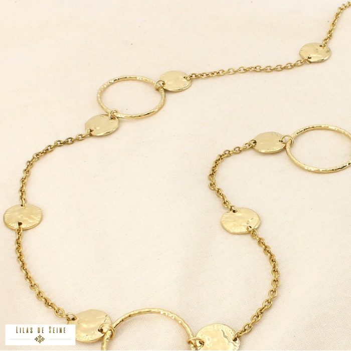 Collier sautoir acier anneaux pastilles martelées 0126099 doré