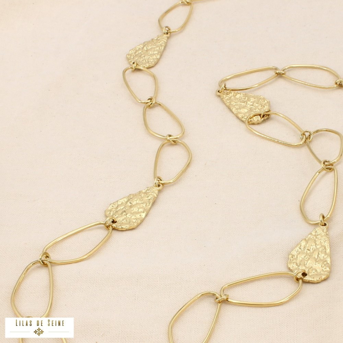 Collier sautoir acier martelé maillons ovales 0126113 doré