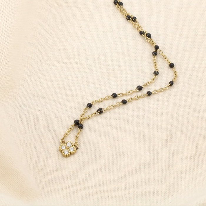 Collier acier inox strass émail chapelet trèfle 0126147 noir