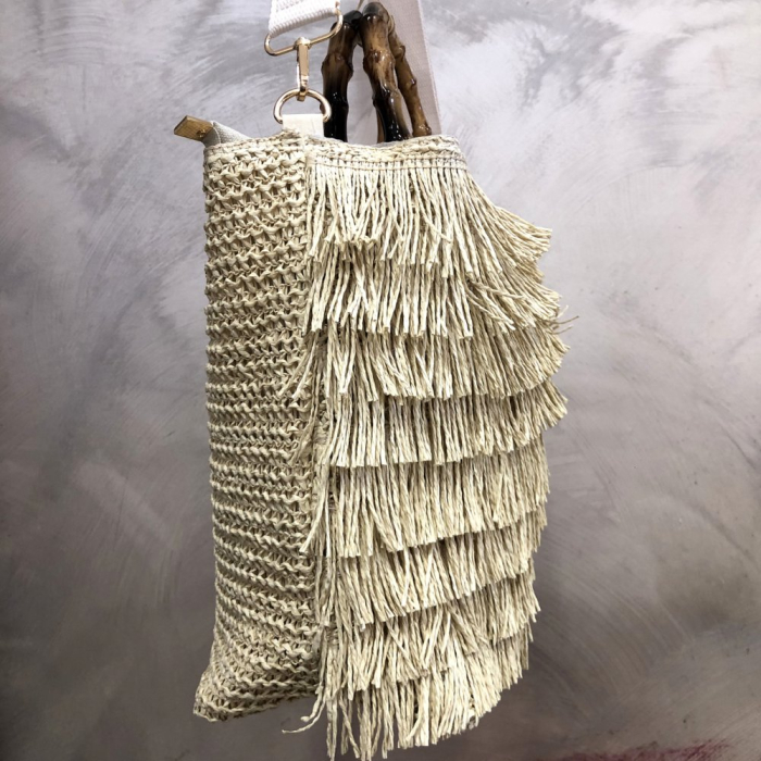 Sac à main femme paille franges poignées effet bambou 0926018 naturel/beige