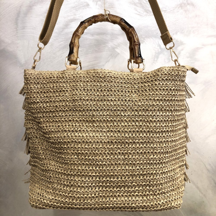 Sac à main femme paille franges poignées effet bambou 0926018 cognac