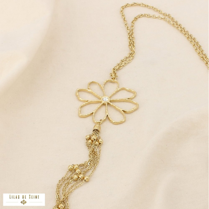 Collier sautoir acier strass pendentif fleur franges 0126107 doré