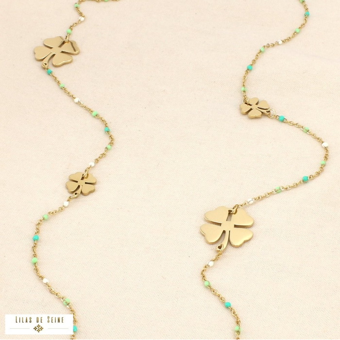 Collier sautoir trèfle acier inoxydable émail 0126111 vert