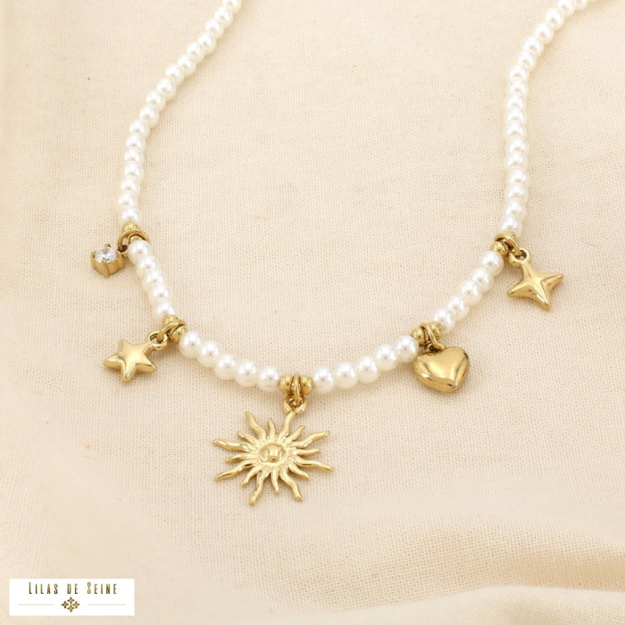 Collier acier inoxydable perles acryliques pampilles 0126128 blanc