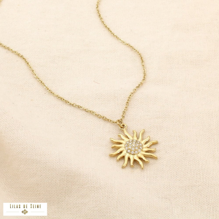 Collier acier inoxydable strass pendentif soleil 0126117 doré