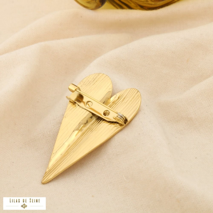 Broche épingle acier inoxydable cœur strié texturé 0526025 doré