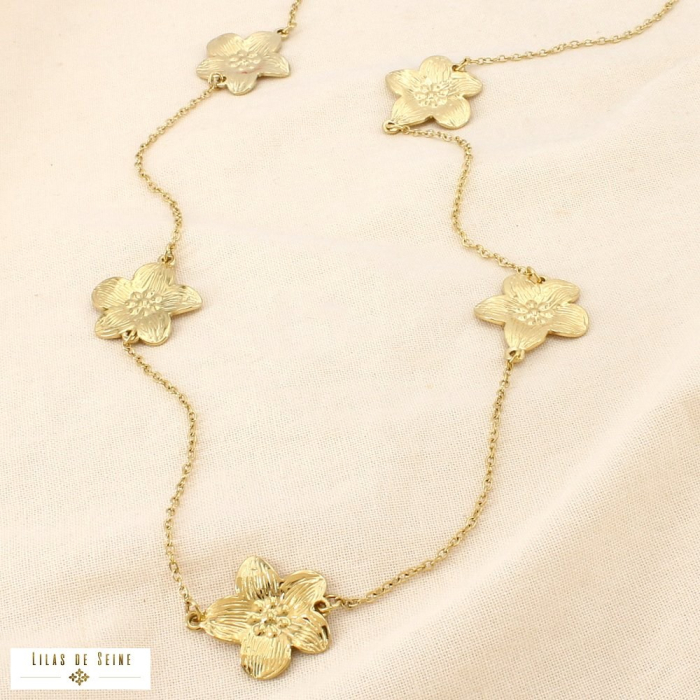Collier sautoir fleurs acier inoxydable texturé 0126110 doré
