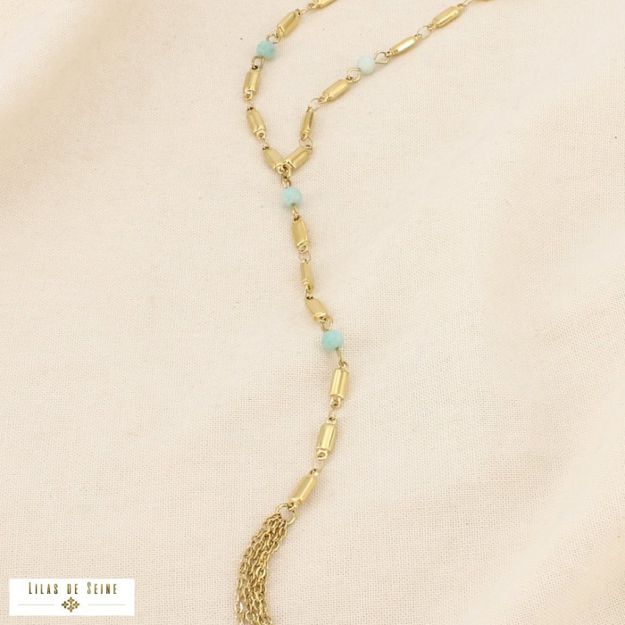 Collier forme Y acier inoxydable pierre franges 0126100 vert aqua