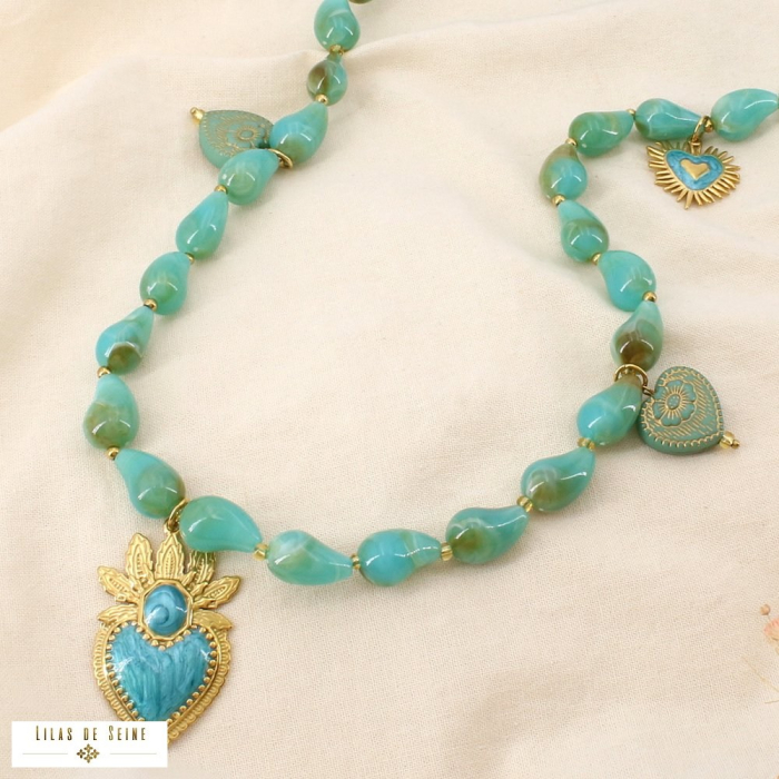 Sautoir cœur ex-voto résine marbrée acier inoxydable 0126168 bleu turquoise