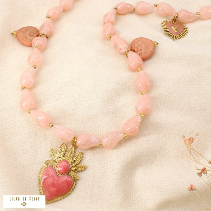 Sautoir cœur ex-voto résine marbrée acier inoxydable 0126168 rose