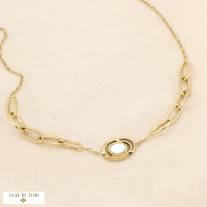 Collier acier inoxydable nacre maillon ovale 0126073 doré