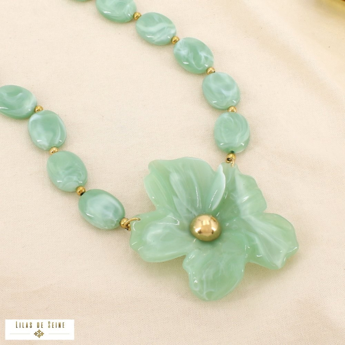 Collier acier résine marbré méga fleur perles ovales 0126119 vert