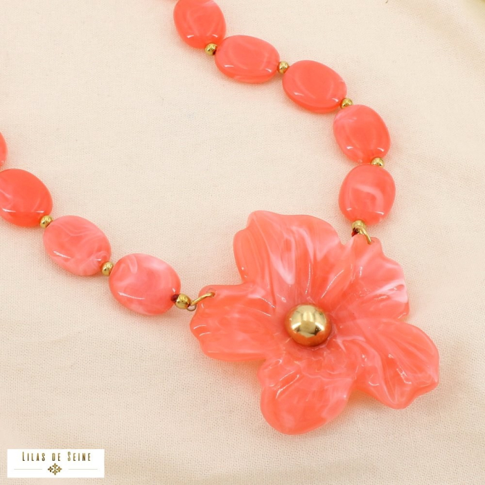 Collier acier résine marbré méga fleur perles ovales 0126119 rouge corail