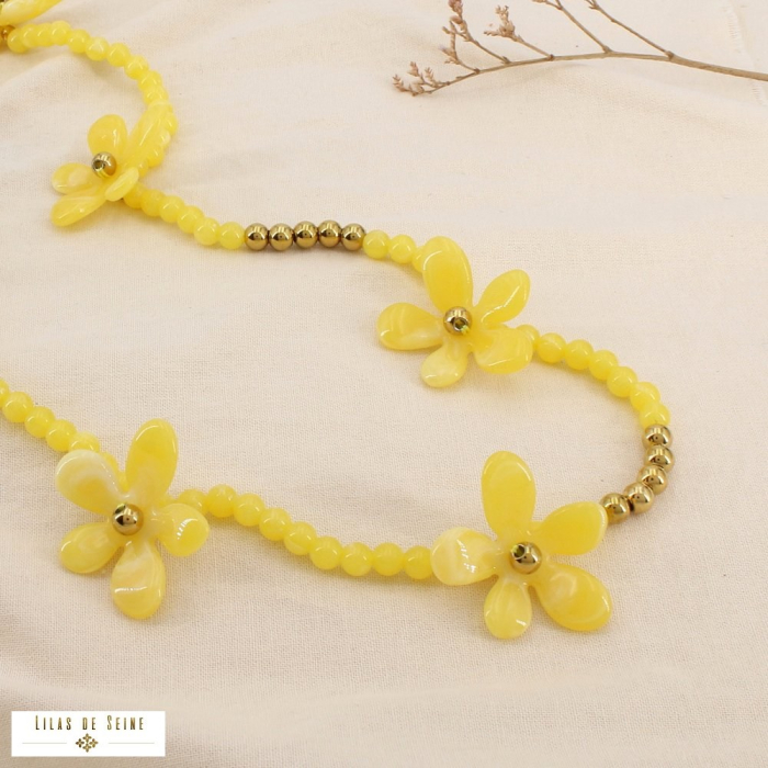Collier sautoir acier inoxydable résine marbré fleur 0126133 jaune