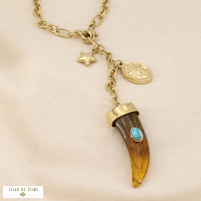 Collier acier corne résine pierre étoile soleil 0126115 taupe