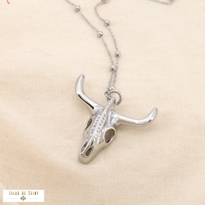 Collier sautoir acier inoxydable bille tête taureau 0126129 argenté