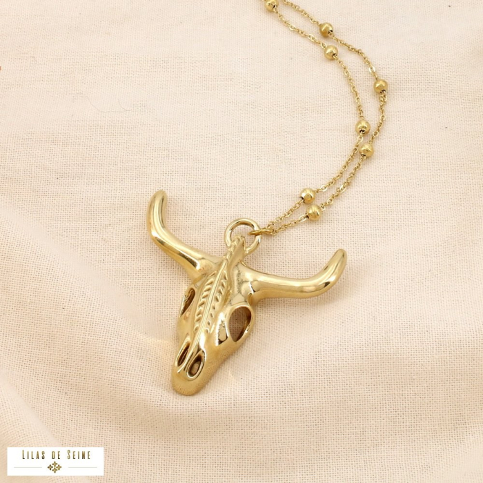 Collier sautoir acier inoxydable bille tête taureau 0126129 doré