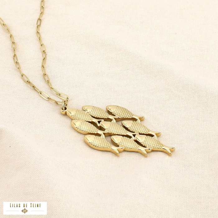 Collier sautoir acier marin banc de poissons 0126023 doré