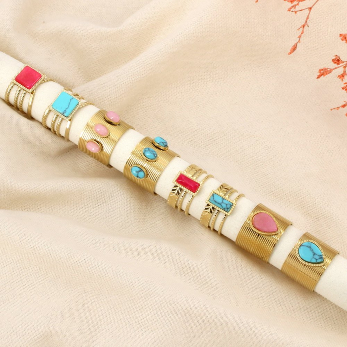 Ensemble 8 bagues réglables acier inoxydable pierre 0426080 multi