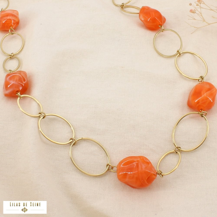 Collier sautoir acier ovale résine effet marbré 0126134 orange