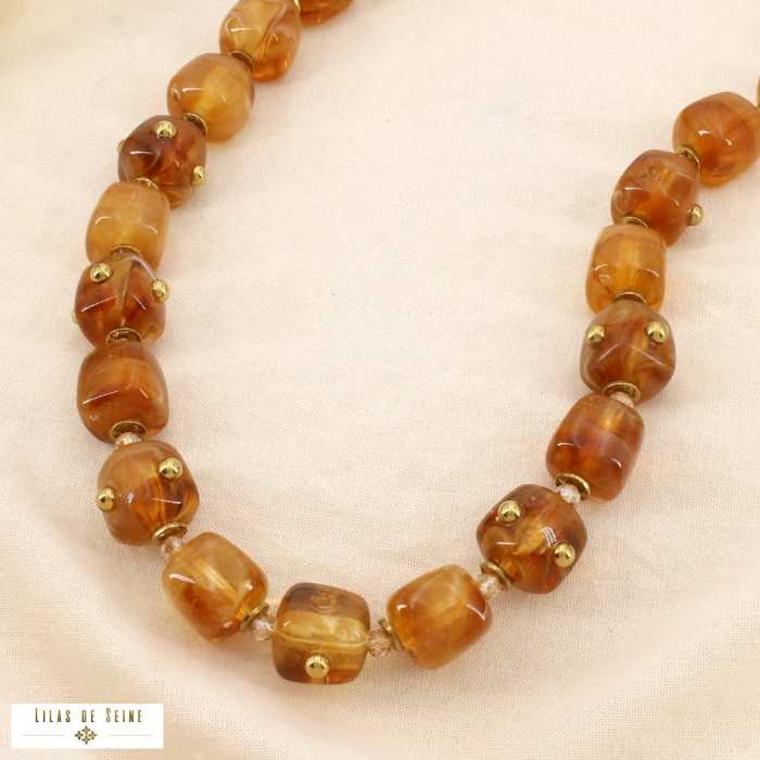 Collier acier inoxydable tube résine marbrée cristal 0126137 cognac