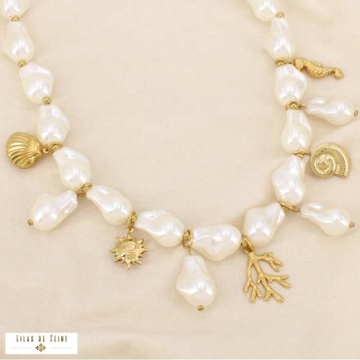 Collier acier marin perle acrylique style baroque 0126059 écru