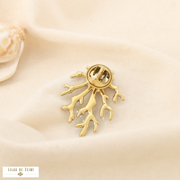 Broche pin's corail acier émail perle acrylique 0526008 vert