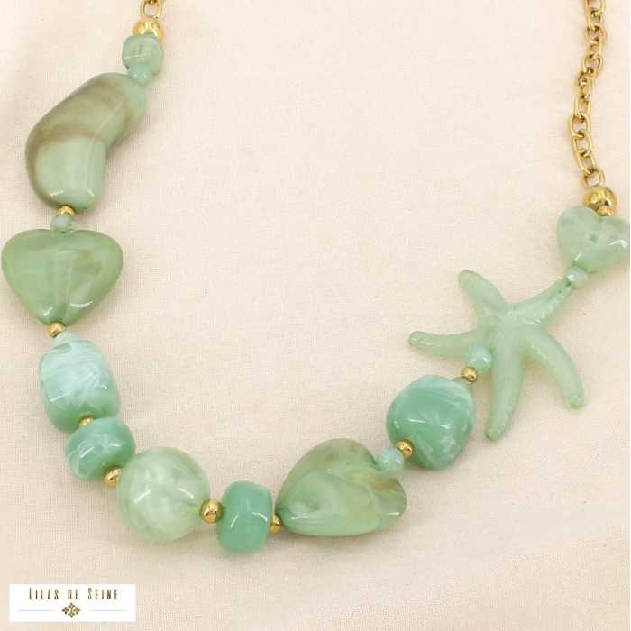 Collier acier résine marbrée cœur étoile de mer 0126064 vert