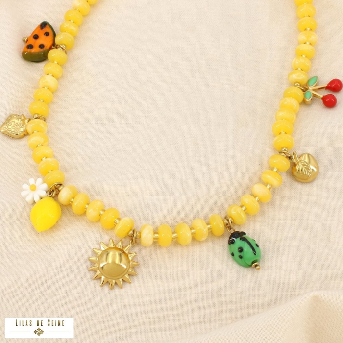 Collier acier résine verre émail breloques ludiques 0126060 jaune