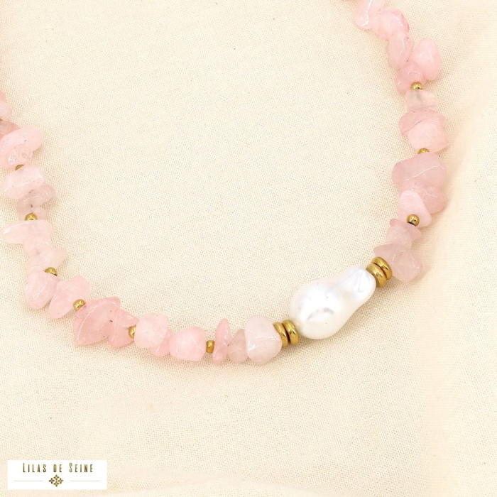 Collier acier inoxydable pierre perle acrylique 0126001 rose