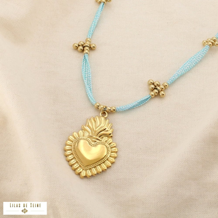 Collier acier inoxydable polyester cœur sacré 0126183 bleu