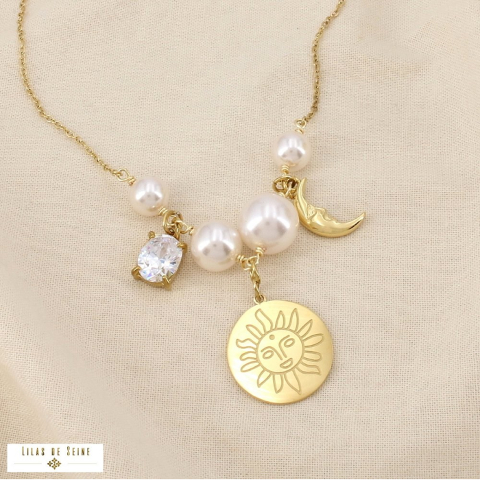 Collier acier perle acrylique strass soleil lune 0126182 blanc