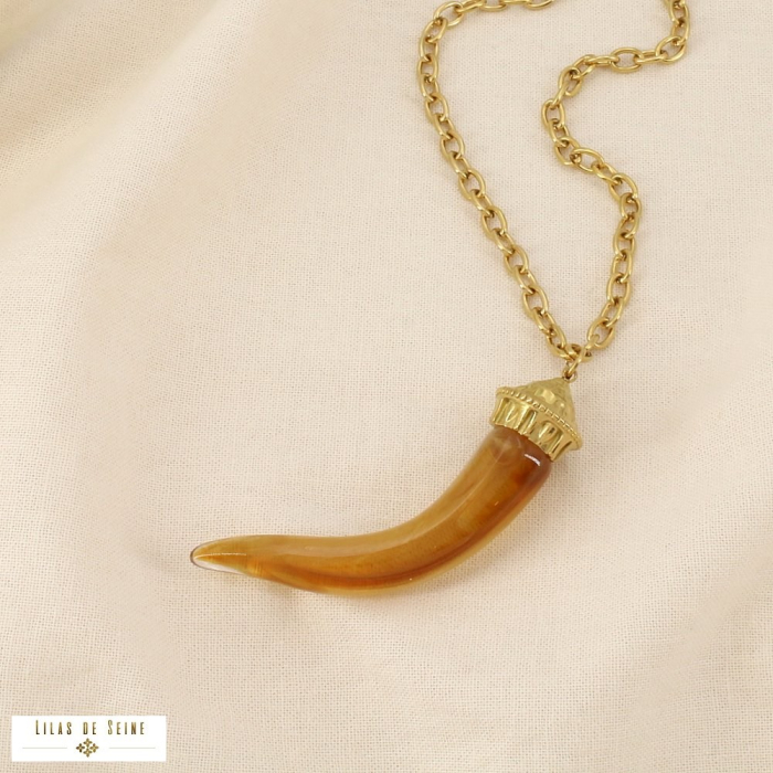 Collier acier inoxydable résine forme corne marbrée 0126187 taupe