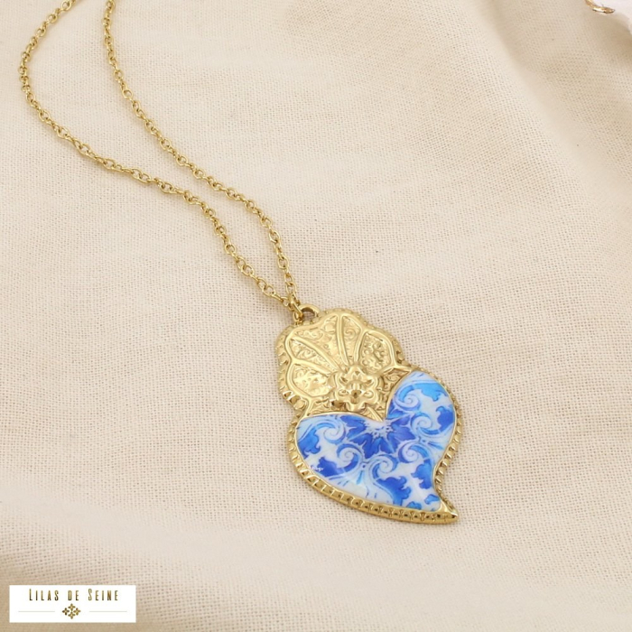 Collier cœur acier inoxydable émail style porcelaine 0126180 bleu