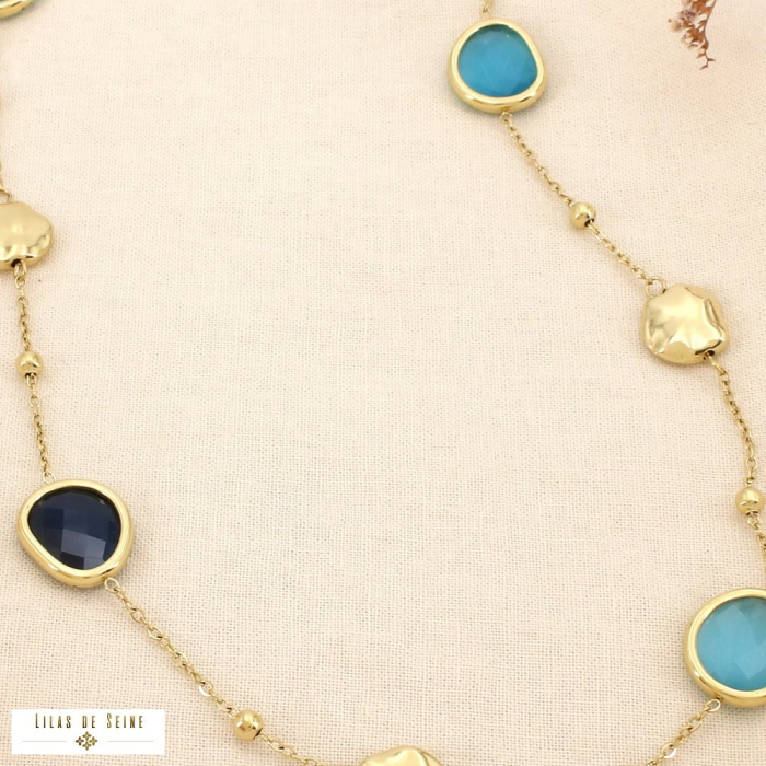 Collier acier inoxydable verre facetté coloré 0126151 bleu
