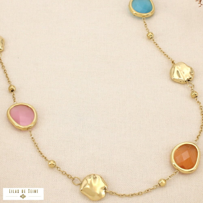 Collier acier inoxydable verre facetté coloré 0126151 multi