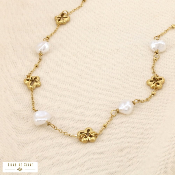 Collier chaîne acier ajouré fleur perle acrylique 0126161 doré