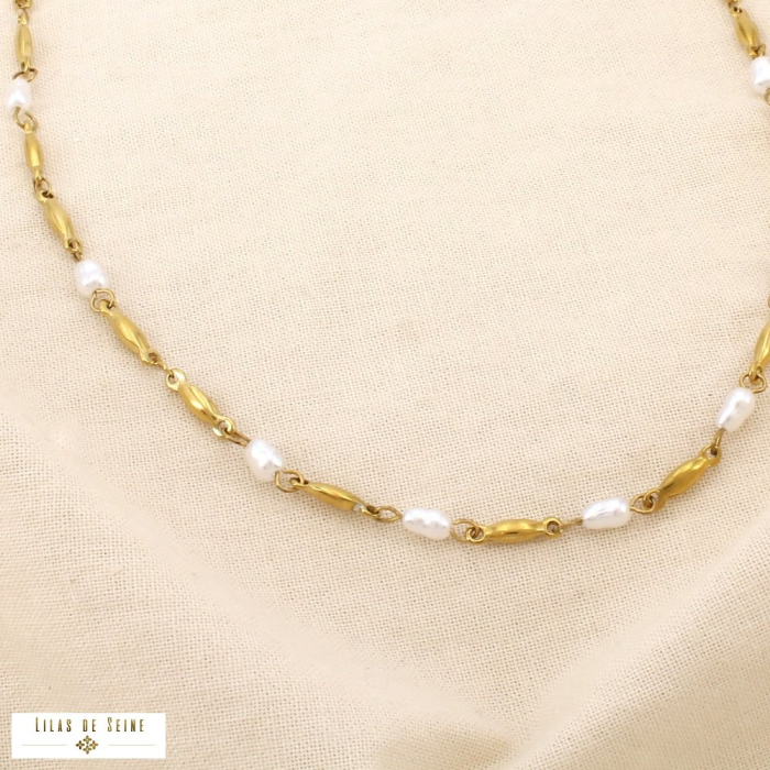 Collier acier inoxydable perle acrylique 0126163 doré