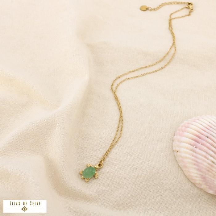 Collier acier pendentif tortue cabochon pierre nacre 0124160 vert