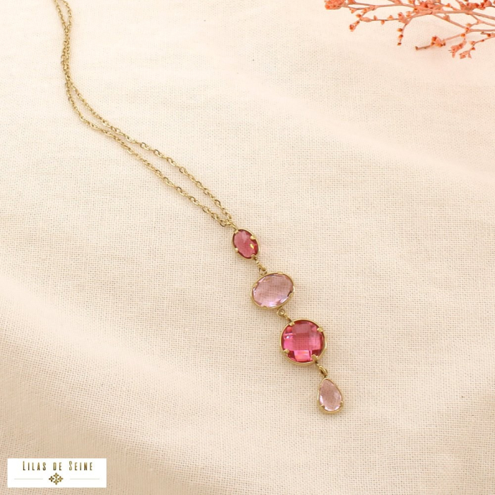Collier acier inoxydable cristal facetté multicolore 0126156 fushia