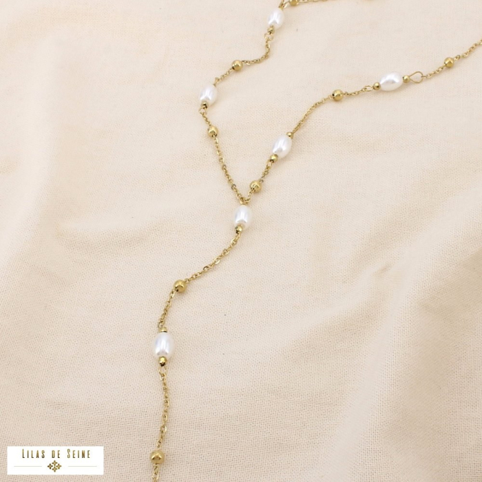 Collier forme Y acier inoxydable perle acrylique 0126153 doré