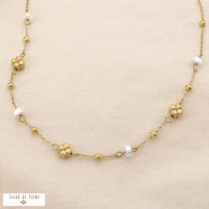 Collier trèfle acier inoxydable perle acrylique 0126162 doré