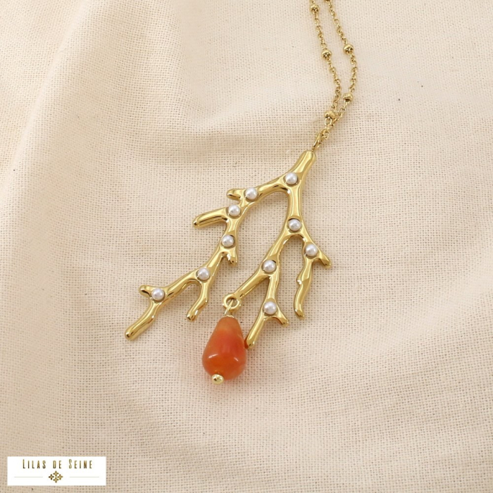 Collier acier inoxydable corail perle pierre goutte 0126197 rouge