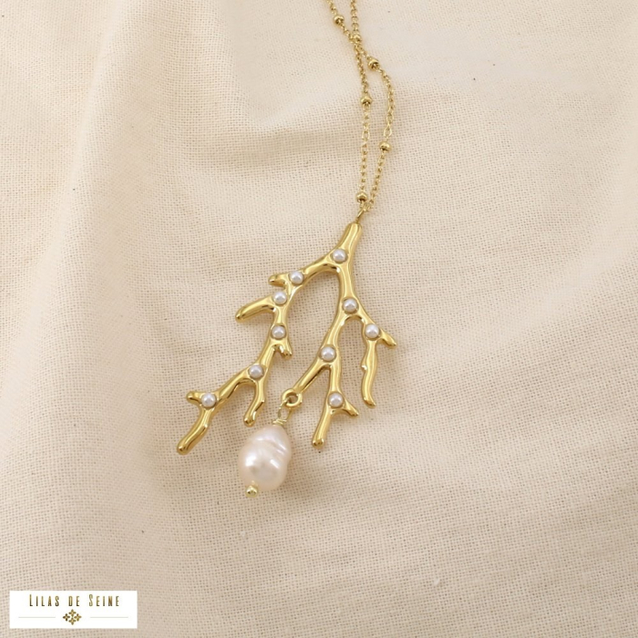 Collier acier inoxydable corail perle pierre goutte 0126197 blanc